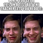 Peter Parker Sad Cry Happy cry | WHEN YOU GET A 19% ON A TEST BUT THE TRACHER LETS YOU REDO IT: | image tagged in peter parker sad cry happy cry | made w/ Imgflip meme maker