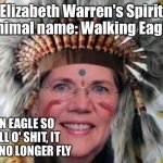 Elizabeth Warren | Elizabeth Warren's Spirit Animal name: Walking Eagle; AN EAGLE SO FULL O' SHIT, IT CAN NO LONGER FLY | image tagged in elizabeth warren | made w/ Imgflip meme maker