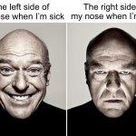 Currently sick lol | The right side of my nose when I’m sick; The left side of my nose when I’m sick | image tagged in dean norris reaction,funny memes,memes,sick,sickness | made w/ Imgflip meme maker