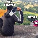 Godzilla: KOTM meme | KING GHIDORAH; MOTHRA; GODZILLA | image tagged in man throwing shoe at couple,godzilla,mothra,king ghidorah,legendary | made w/ Imgflip meme maker