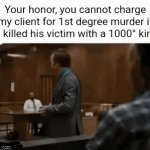 Lol | Your honor, you cannot charge my client for 1st degree murder if he killed his victim with a 1000° kinfe | image tagged in gifs,memes | made w/ Imgflip video-to-gif maker
