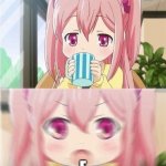 an E meme in 2023 | E | image tagged in pink hair girl sips tea,e,markiplier,meme | made w/ Imgflip meme maker