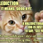 Valediction | VALEDICTION; IT MEANS, 'GOOD-BYE'; A VALEDICTORIAN'S JOB IS JUST TO SAY, "SEE YA!"; It's been awhile since I did a cat meme. This'll probably get a ton of likes - Bruce C Linder | image tagged in goodbye,see ya,valedictorian,valediction | made w/ Imgflip meme maker