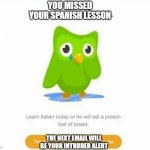 duo is sad... time to oof! | YOU MISSED YOUR SPANISH LESSON; THE NEXT EMAIL WILL BE YOUR INTRUDER ALERT | image tagged in duolingo bird | made w/ Imgflip meme maker