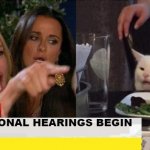 breaking news ver. woman yelling at cat | CONGRESSIONAL HEARINGS BEGIN | image tagged in breaking news ver woman yelling at cat | made w/ Imgflip meme maker