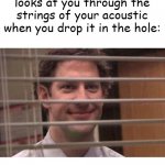 its true pain... | how your guitar pick looks at you through the strings of your acoustic when you drop it in the hole: | image tagged in jim office blinds,guitar pick,tags,insert more tags | made w/ Imgflip meme maker