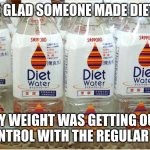 think of the most useless waste of time possible.... TA DA | IM SURE GLAD SOMEONE MADE DIET WATER; MY WEIGHT WAS GETTING OUT OF CONTROL WITH THE REGULAR STUFF | image tagged in diet water | made w/ Imgflip meme maker
