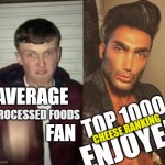 murica vs the eu | AVERAGE; TOP 1000; PROCESSED FOODS; CHEESE RANKING; ENJOYER; FAN | image tagged in murica vs the eu | made w/ Imgflip meme maker