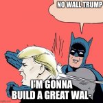 Batman slaps Trump | NO WALL TRUMP; I'M GONNA BUILD A GREAT WAL- | image tagged in batman slaps trump | made w/ Imgflip meme maker