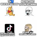 Girls vs boys | NO YOU CAN'T SPY ON US CHINA! *LOL WEATHER BALLOON*; WE KNOW. HEY LOOK, FUNNY CAT VIDEOS! YOUR DATA IS CURRENTLY BEING SOLD AS WE SPEAK | image tagged in girls vs boys | made w/ Imgflip meme maker