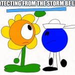 Blue Circle And Sunflower sheltering | PROTECTING FROM THE STORM BE LIKE: | image tagged in blue circle and sunflower sheltering | made w/ Imgflip meme maker