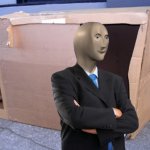 stonks guy in front of cardboard box template