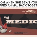 Moms are the best | MOM WHEN SHE SEWS YOUR STUFFED ANIMAL BACK TOGETHER | image tagged in meet the medic | made w/ Imgflip meme maker
