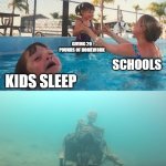 schools be like | KIDS SLEEP GIVING 20 POUNDS OF HOMEWORK SCHOOLS KIDS MENTAL HEALTH | image tagged in swimming pool kids | made w/ Imgflip meme maker