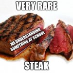 Rare Steak | VERY RARE; ME UNDERSTANDING SOMETHING AT SCHOOL; STEAK | image tagged in rare steak | made w/ Imgflip meme maker