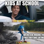 Every school has one | KIDS AT SCHOOL; WEIRD KID MIXING FOOD TOGETHER AND EATING IT | image tagged in sonic how are you not dead,funny,sonic the hedgehog,sonic,school,kids | made w/ Imgflip meme maker