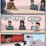the deadly weapon : farts | WE NEED A NEW SILENT BUT DEADLY WEAPON; A POISONOUS INFECTION; MY FART; A KNIFE | image tagged in boardroom,bruh,weapons,lol,funny,farts | made w/ Imgflip meme maker
