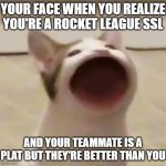 Rocket League season 7 plats be like... | YOUR FACE WHEN YOU REALIZE YOU'RE A ROCKET LEAGUE SSL; AND YOUR TEAMMATE IS A PLAT BUT THEY'RE BETTER THAN YOU | image tagged in pop cat,funny meme | made w/ Imgflip meme maker