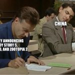 China before releasing another balloon | CHINA; DISNEY ANNOUNCING TOY STORY 5, FROZEN 3, AND ZOOTOPIA 2 | image tagged in mr bean cheats on exam | made w/ Imgflip meme maker