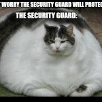 The school security guard | DON'T WORRY THE SECURITY GUARD WILL PROTECT YOU; THE SECURITY GUARD: | image tagged in fat cat 2,memes | made w/ Imgflip meme maker
