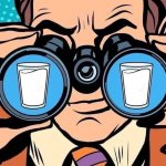 Retro cartoon man looks at milk glasses