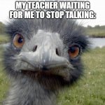 Just stop | MY TEACHER WAITING FOR ME TO STOP TALKING: | image tagged in ostrich,stop,meme | made w/ Imgflip meme maker