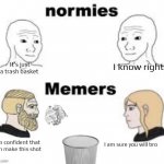 Because girls have a childhood too you know | It's just a trash basket; I know right; I am sure you will bro; I am confident that I can make this shot | image tagged in memers vs normies,trash,basket,childhood | made w/ Imgflip meme maker