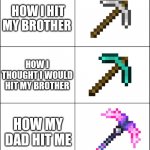 AAAAAAAAAAAA-- | HOW I HIT MY BROTHER; HOW I THOUGHT I WOULD HIT MY BROTHER; HOW MY DAD HIT ME | image tagged in 6 panel,memes,minecraft | made w/ Imgflip meme maker