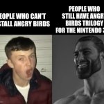 Me when the | PEOPLE WHO CAN'T INSTALL ANGRY BIRDS PEOPLE WHO STILL HAVE ANGRY BIRDS TRILOGY FOR THE NINTENDO 3DS | image tagged in average enjoyer meme,angry birds,3ds,virgin vs chad,virgin,gigachad | made w/ Imgflip meme maker