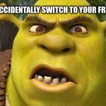 it happens a lot | WHEN YOU ACCIDENTALLY SWITCH TO YOUR FRONT CAMERA | image tagged in shrek,funny,memes | made w/ Imgflip meme maker