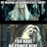 true | TEACHER REMINDING ME ABOUT MY MISSING ASSIGNMENTS AT A TARGET; YOU HAVE NO POWER HERE | image tagged in you have no power here | made w/ Imgflip meme maker