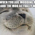 mods are rediculous | WHEN YOU ARE MODDING A GAME AND THE MOD ACTUALLY WORKS | image tagged in satisfied seal | made w/ Imgflip meme maker