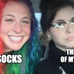 I love colourful socks | THE REST OF MY OUTFIT; MY SOCKS | image tagged in my sister and i are polar opposites | made w/ Imgflip meme maker