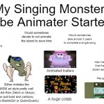 Big MSMTuber Starterpack | My Singing Monsters YouTube Animater Starter Pack; Would sometimes decide to not animate the island to save time; Has a fandom consisting of little kids who would make personas out of these people's monsters; Would sometimes take almost 3 years to complete a single song; Has made some fan made Wubboxes that they warned to not steal, but get stolen easily by TikTokers who rank them; Animated trailers; May get into some kind of drama; Some have even made fan games; Either imitates the MSM art style pretty well (Like Raw Zebra or Uksus), or just bold and cartoony (Like MantisGirl or QuinnQwerty); A huge collab | image tagged in starter pack,my singing monsters,msm,x starter pack,youtubers,youtube | made w/ Imgflip meme maker