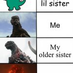 Accurate representation of my family | My lil sister; Me; My older sister; MY DAD | image tagged in strength of godzilla 4-panel | made w/ Imgflip meme maker