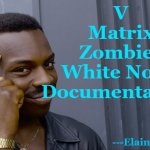 hood documentary | V
Matrix
Zombies
White Noise
Documentaries? ---Elaina Williams | image tagged in hood documentary | made w/ Imgflip meme maker