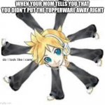 bro this happened to me this morning for the 11037th time (if yk, yk with the 11037) | WHEN YOUR MOM TELLS YOU THAT YOU DIDN'T PUT THE TUPPERWARE AWAY RIGHT | image tagged in kagamine len do i look like i care | made w/ Imgflip meme maker