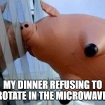 resistance is futile | MY DINNER REFUSING TO ROTATE IN THE MICROWAVE | image tagged in parade balloon pig,frozen dinner,cooking,microwave oven,pork,supper | made w/ Imgflip meme maker