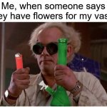 back to the future | Me, when someone says they have flowers for my vase: | image tagged in back to the future,weed,flowers,bong | made w/ Imgflip meme maker