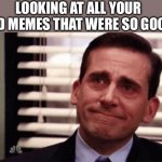 Look at them | LOOKING AT ALL YOUR OLD MEMES THAT WERE SO GOOD | image tagged in happy cry,memes,nostalgia | made w/ Imgflip meme maker
