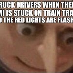 I’m dead. :( | TRUCK DRIVERS WHEN THEIR SEMI IS STUCK ON TRAIN TRACK; AND THE RED LIGHTS ARE FLASHING | image tagged in what gru | made w/ Imgflip meme maker
