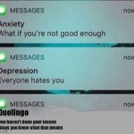 Anxiety/depression texts | Duolingo; you haven't done your lesson in 2 days you know what that means | image tagged in anxiety/depression texts | made w/ Imgflip meme maker
