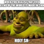 holy shi- | WHEN YOU REALISE THAT EVEN THE END OF THE WORLD IS MADE IN CHINA:; HOLY SH- | image tagged in shrek,nice,true,holy shit | made w/ Imgflip meme maker
