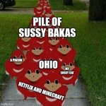 My army | PILE OF SUSSY BAKAS; A PIGEON; OHIO; MY SUSSY CAT; NETFLIX AND MINECRAFT | image tagged in ugandan knuckles army,is this a pigeon,netflix,minecraft,cats | made w/ Imgflip meme maker