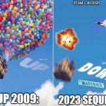 Up Sequel 2023 | TOM CRUISE; UP 2009:; 2023 SEQUEL: | image tagged in up and down,top gun,pixar,chinese spy balloon | made w/ Imgflip meme maker
