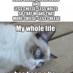 my whole life has been a lie | SWISS CHEESE HAS HOLES IN IT. 
MORE CHEESE=MORE HOLES 
AND
LESS CHEESE=LESS HOLES 
SO THAT MEANS THAT
MORE CHEESE=LESS CHEESE | image tagged in my whole life has been a lie | made w/ Imgflip meme maker