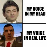 My voice irl | MY VOICE IN MY HEAD; MY VOICE IN REAL LIFE | image tagged in mr bean confused,mr bean,meme,funny meme,voice | made w/ Imgflip meme maker