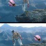 Kazuya throwing Kirby off a cliff. | DRUG ADDICTS; ARE ALWAYS ADDICTED | image tagged in kazuya throwing kirby off a cliff | made w/ Imgflip meme maker