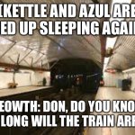 Waiting for the train. | (KETTLE AND AZUL ARE TIED UP SLEEPING AGAIN); MEOWTH: DON, DO YOU KNOW HOW LONG WILL THE TRAIN ARRIVE? | image tagged in train station | made w/ Imgflip meme maker