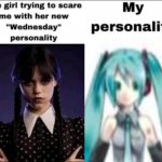 The girl trying to scare me with her new Wednesday personality | image tagged in the girl trying to scare me with her new wednesday personality,hatsune miku,front facing,my personality | made w/ Imgflip meme maker